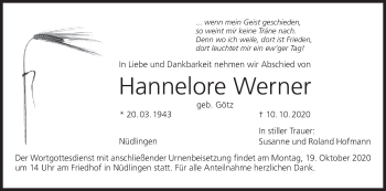 Anzeige von Hannelore Werner von MGO