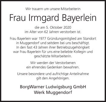 Anzeige von Irmgard Bayerlein von MGO