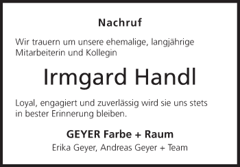 Anzeige von Irmgard Handl von MGO