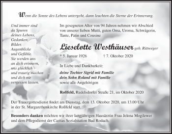 Anzeige von Lieselotte Westhäuser von MGO