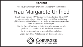 Anzeige von Margarete Unfried von MGO