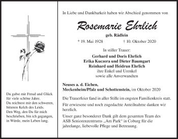 Anzeige von Rosemarie Ehrlich von MGO