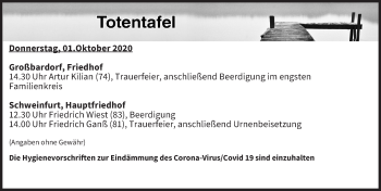 Anzeige von Totentafel vom 01.10.2020 von MGO