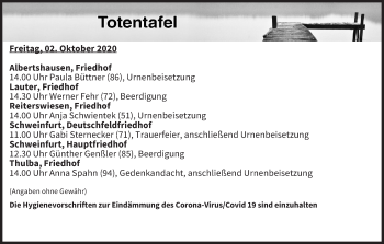 Anzeige von Totentafel vom 02.10.2020 von MGO