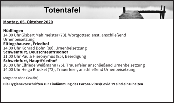 Anzeige von Totentafel vom 05.10.2020 von MGO