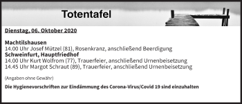 Anzeige von Totentafel vom 06.10.2020 von MGO