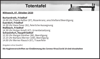 Anzeige von Totentafel vom 07.10.2020 von MGO