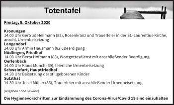 Anzeige von Totentafel vom 09.10.2020 von MGO