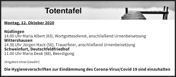Anzeige von Totentafel vom 12.10.2020 von MGO