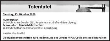 Anzeige von Totentafel vom 13.10.2020 von MGO