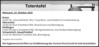 Anzeige von Totentafel vom 14.10.2020 von MGO