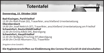 Anzeige von Totentafel vom 15.10.2020 von MGO