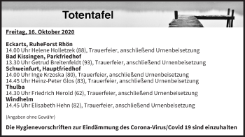 Anzeige von Totentafel vom 16.10.2020 von MGO