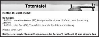 Anzeige von Totentafel vom 19.10.2020 von MGO