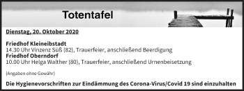 Anzeige von Totentafel vom 20.10.2020 von MGO