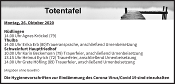 Anzeige von Totentafel vom 26.10.2020 von MGO