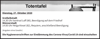 Anzeige von Totentafel vom 27.10.2020 von MGO