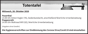 Anzeige von Totentafel vom 28.10.2020 von MGO