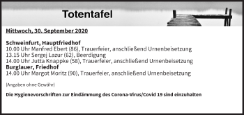 Anzeige von Totentafel vom 30.09.2020 von MGO
