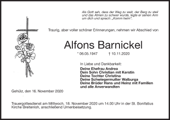 Anzeige von Alfons Barnickel von MGO