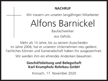 Anzeige von Alfons Barnickel von MGO