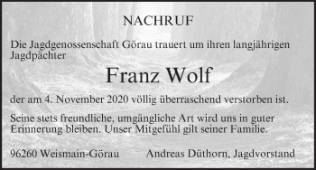 Anzeige von Franz Wolf von MGO