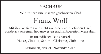 Anzeige von Franz Wolf von MGO