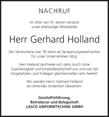 Anzeige von Gerhard Holland von MGO