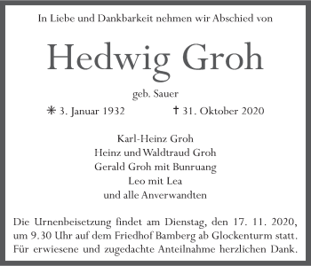 Anzeige von Hedwig Groh von MGO