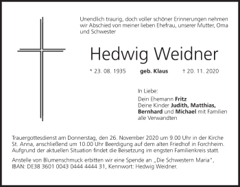 Anzeige von Hedwig Weidner von MGO