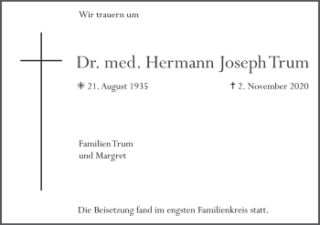 Anzeige von Hermann Joseph Trum von MGO