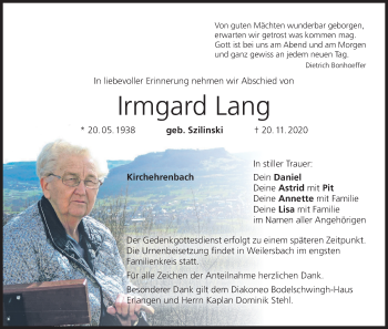 Anzeige von Irmgard Lang von MGO