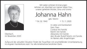 Anzeige von Johanna Hahn von MGO