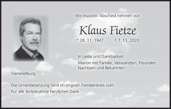 Anzeige von Klaus Fietze von MGO