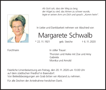 Anzeige von Margarete Schwalb von MGO