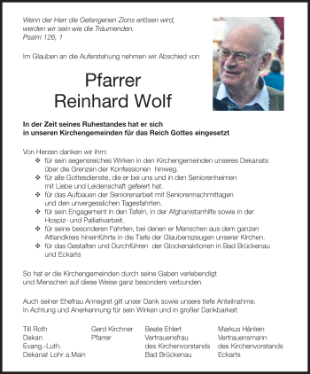 Anzeige von Reinhard Wolf von MGO