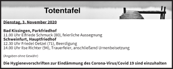 Anzeige von Totentafel vom 03.11.2020 von MGO