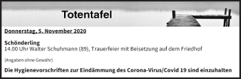 Anzeige von Totentafel vom 05.11.2020 von MGO