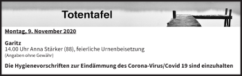 Anzeige von Totentafel vom 09.11.2020 von MGO