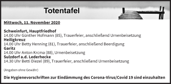 Anzeige von Totentafel vom 11.11.2020 von MGO
