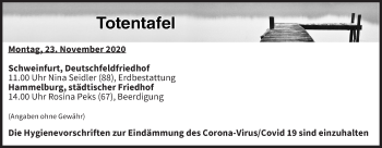 Anzeige von Totentafel vom 23.11.2020 von MGO