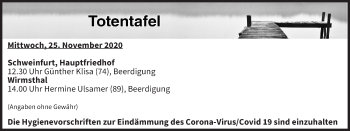 Anzeige von Totentafel vom 25.11.2020 von MGO