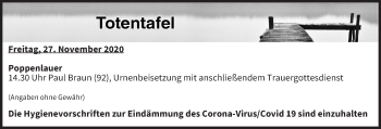 Anzeige von Totentafel vom 27.11.2020 von MGO