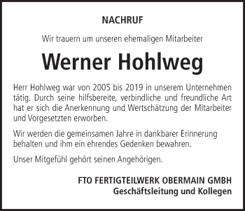 Anzeige von Werner Hohlweg von MGO