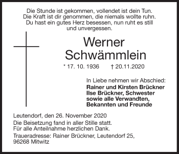 Anzeige von Werner Schwämmlein von MGO