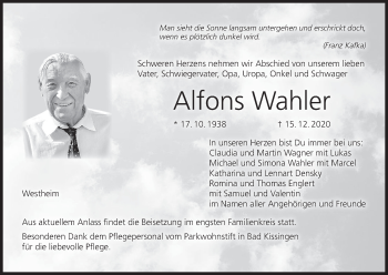 Anzeige von Alfons Wahler von MGO