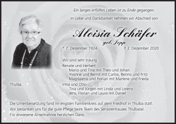Anzeige von Aloisia Schäfer von MGO