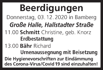 Anzeige von Beerdigungen vom 03.12.2020 von MGO
