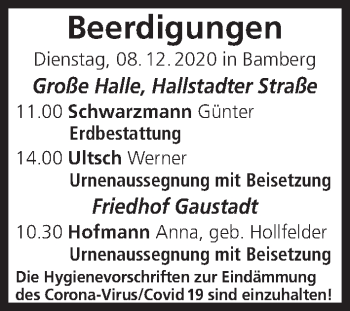 Anzeige von Beerdigungen vom 08.12.2020 von MGO
