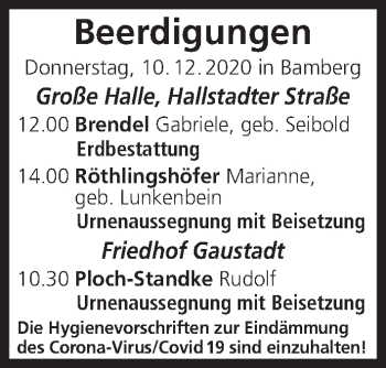 Anzeige von Beerdigungen vom 10.12.2020 von MGO